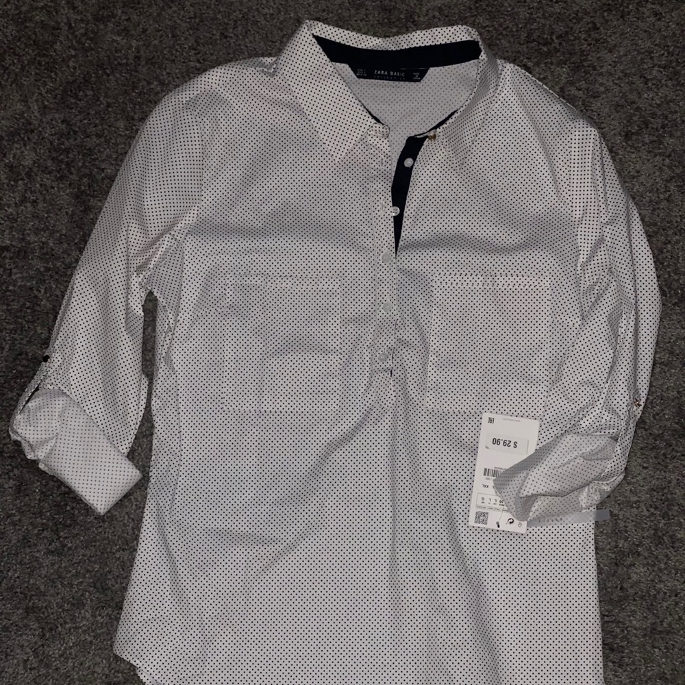 Zara White & Blue Polka Dot Blouse. Size Large